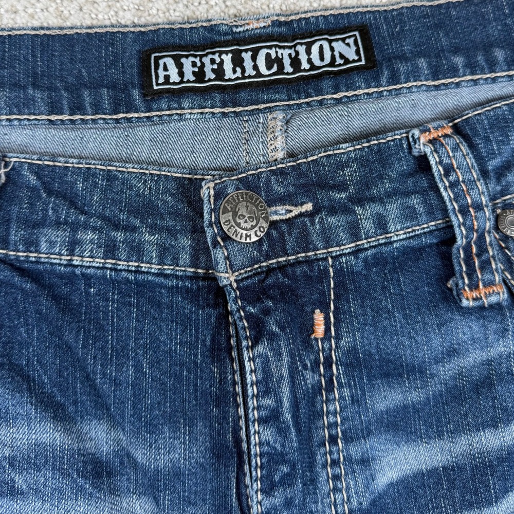 Affliction Mens 42x34 Ace Embroidered Straight Leg Denim Blue Jeans - Picture 7 of 12